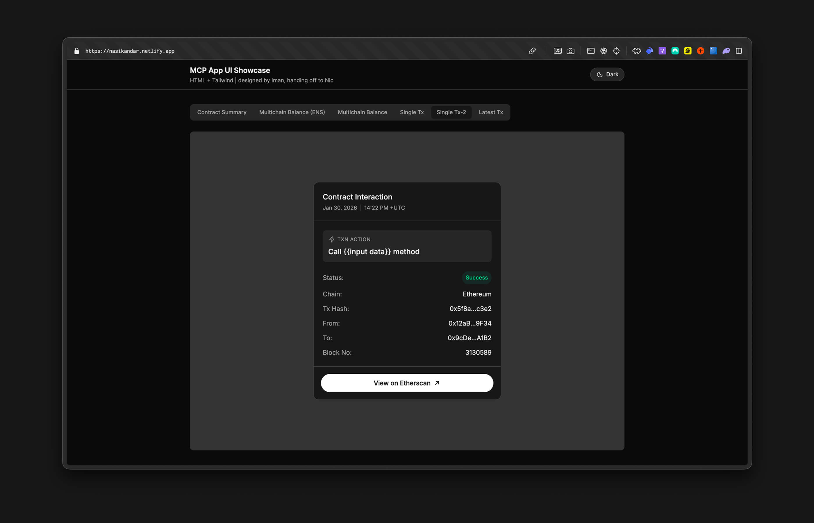 Etherscan MCP UI widget kit — transaction details panel